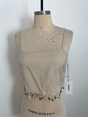 NWT- Jason Wu Cropped Linen Blend Tank Top, Beaded Shell Fringe, Size 2 Boho